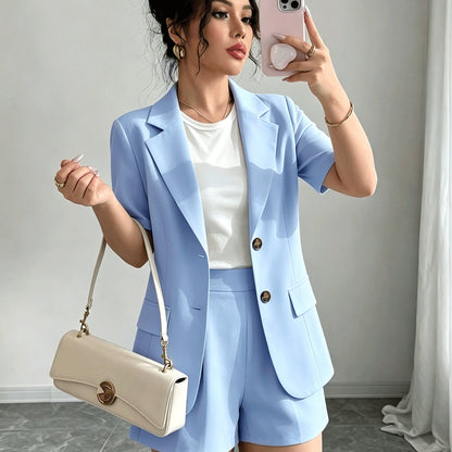 Effortless Blazer Shorts Set for Women with Lapel Collar Short Sleeve Button Front Two Piece Style