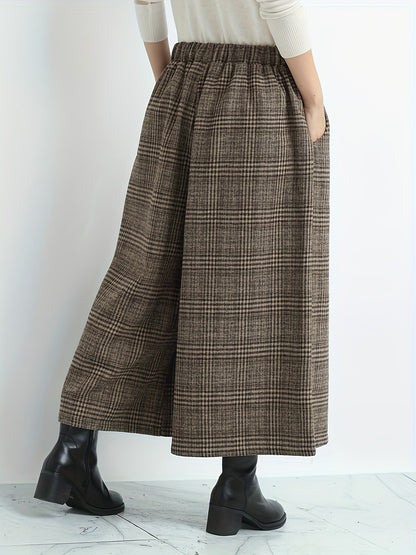 Effortless Plaid Wide Leg Culotte for Women with High Waist Elastic Cropped Relaxed Casual Style