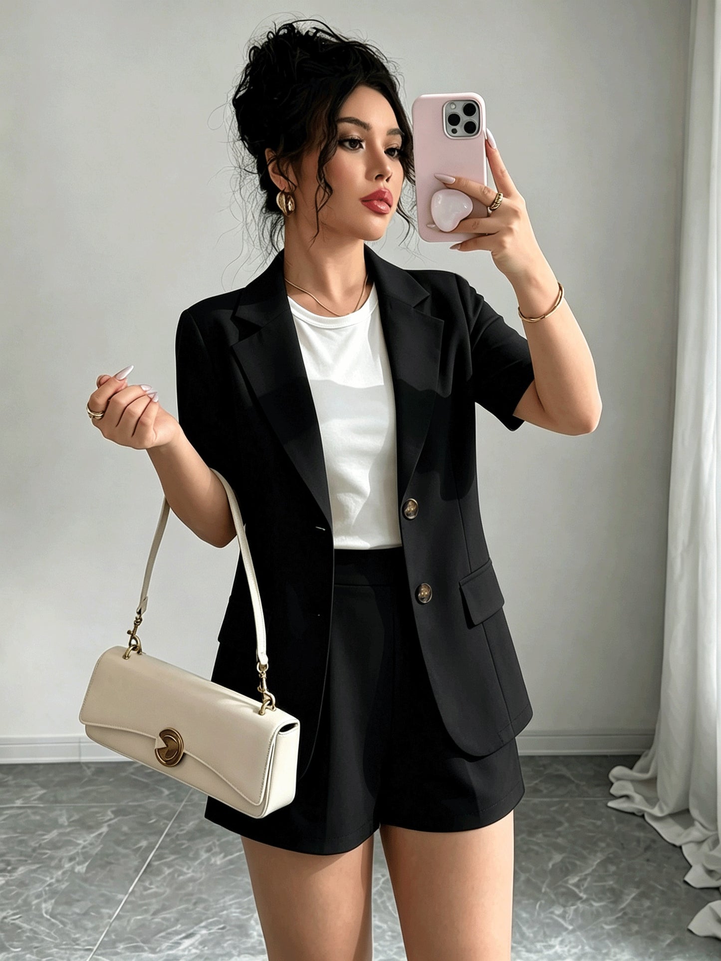 Effortless Blazer Shorts Set for Women with Lapel Collar Short Sleeve Button Front Two Piece Style