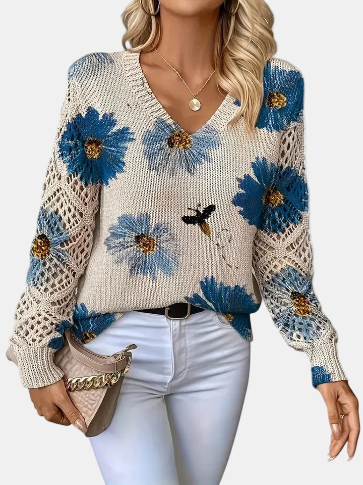 Comfortable Floral Crochet Sweater for Women with V Neck Balloon Sleeve Lace Panel Oversized Knit Style
