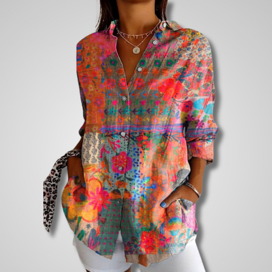 Effortless Patchwork Print Blouse for Women with Collar Long Sleeve Button Front Relaxed Casual Style