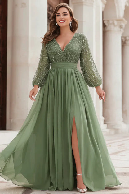 Elegant Sage Green Sequin Maxi Dress for Women with V Neck Long Sleeve High Slit Formal Wedding Guest Style