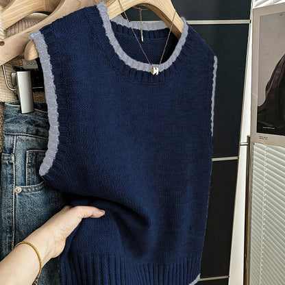 Comfortable Contrast Trim Sweater Vest for Women with Crew Neck Sleeveless Ribbed Hem Oversized Knit Style
