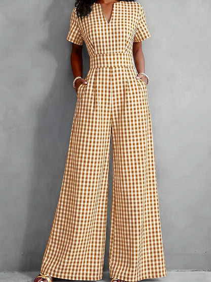 2026 Spring Summer New Plaid V-Neck Short Sleeve Jumpsuit Women'S High-Waist Wide-Leg Straight Long Pants, Women'S Commute Casual Two-Wear Jumpsuit, High-Waist Waist-Cinching Design with Flowing Wide-Leg Trousers