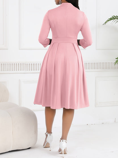 Elegant Bow Tie Midi Dress for Women with Stand Collar Elbow Sleeve Pleated Fit and Flare Style