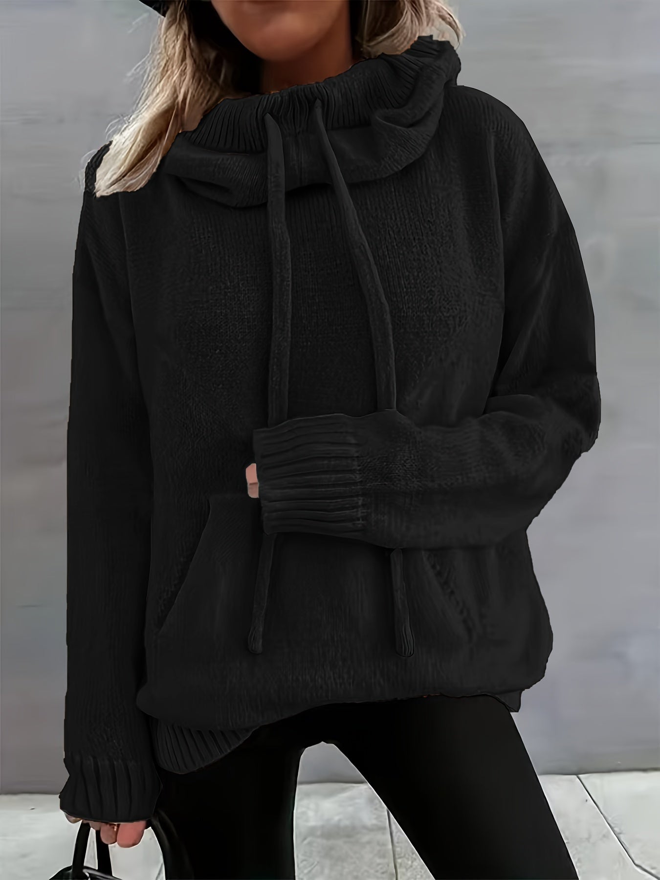 Comfortable Knit Sweater for Women with Cowl Neck Long Sleeve Drawstring Oversized Style