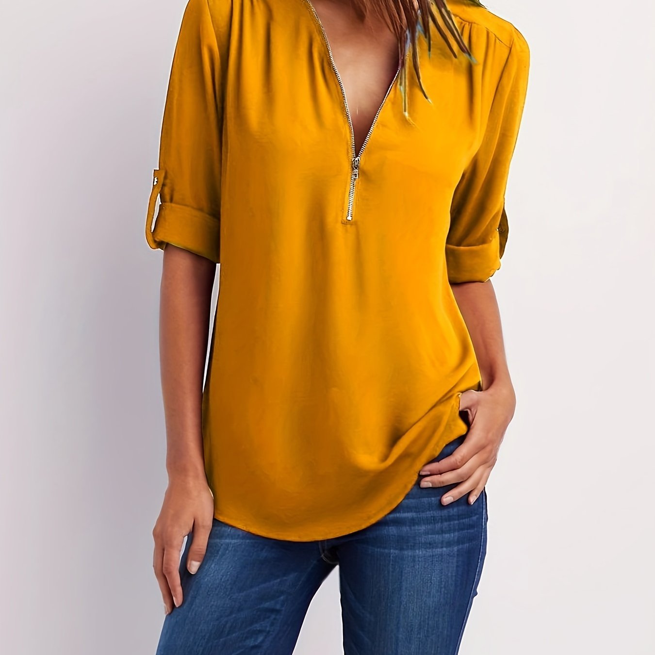 Effortless Zip Front Blouse for Women with V Neck Roll Tab Sleeve Relaxed Tunic Style