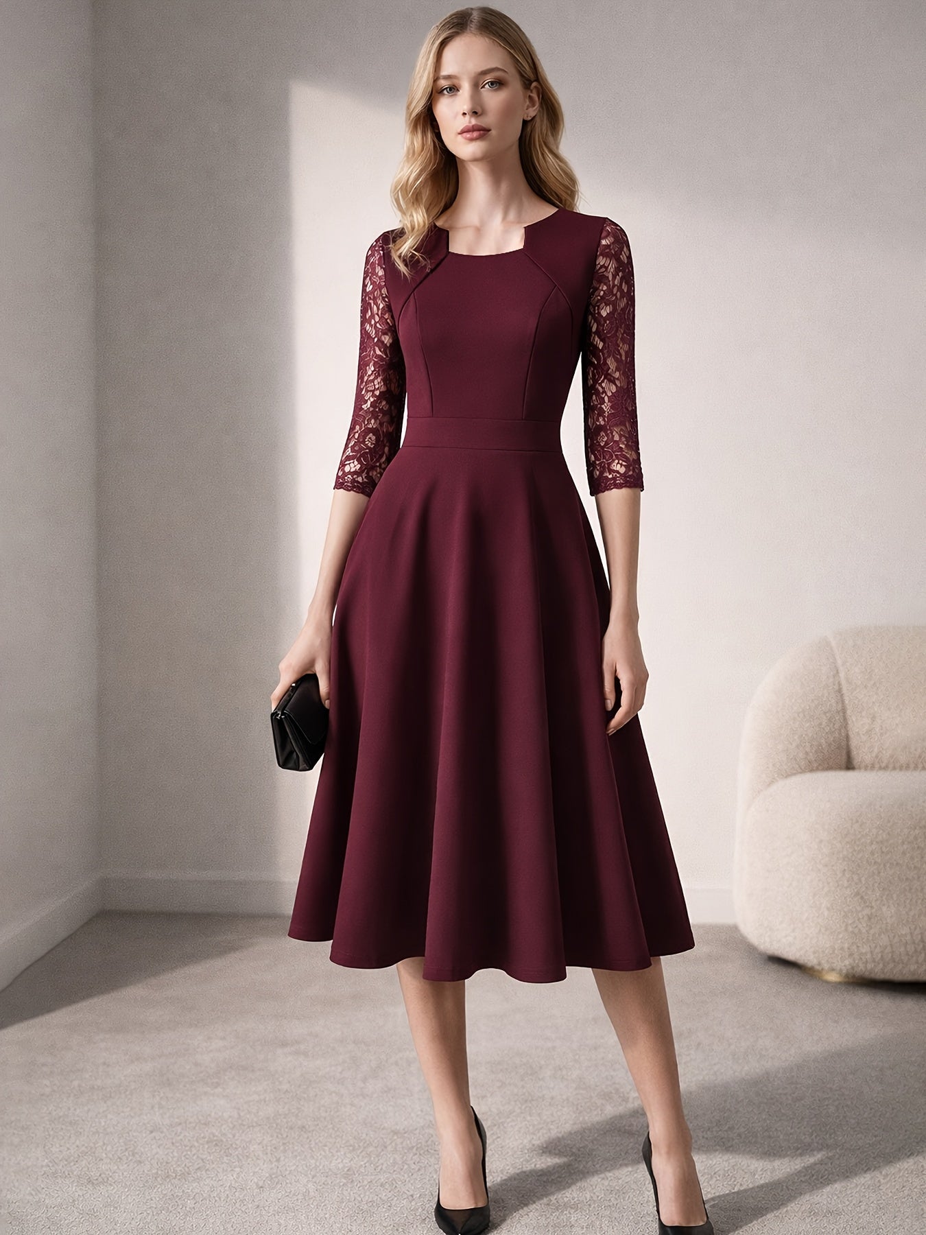 Vintage Floral Lace Party Swing Dress with a Square Neckline for Women