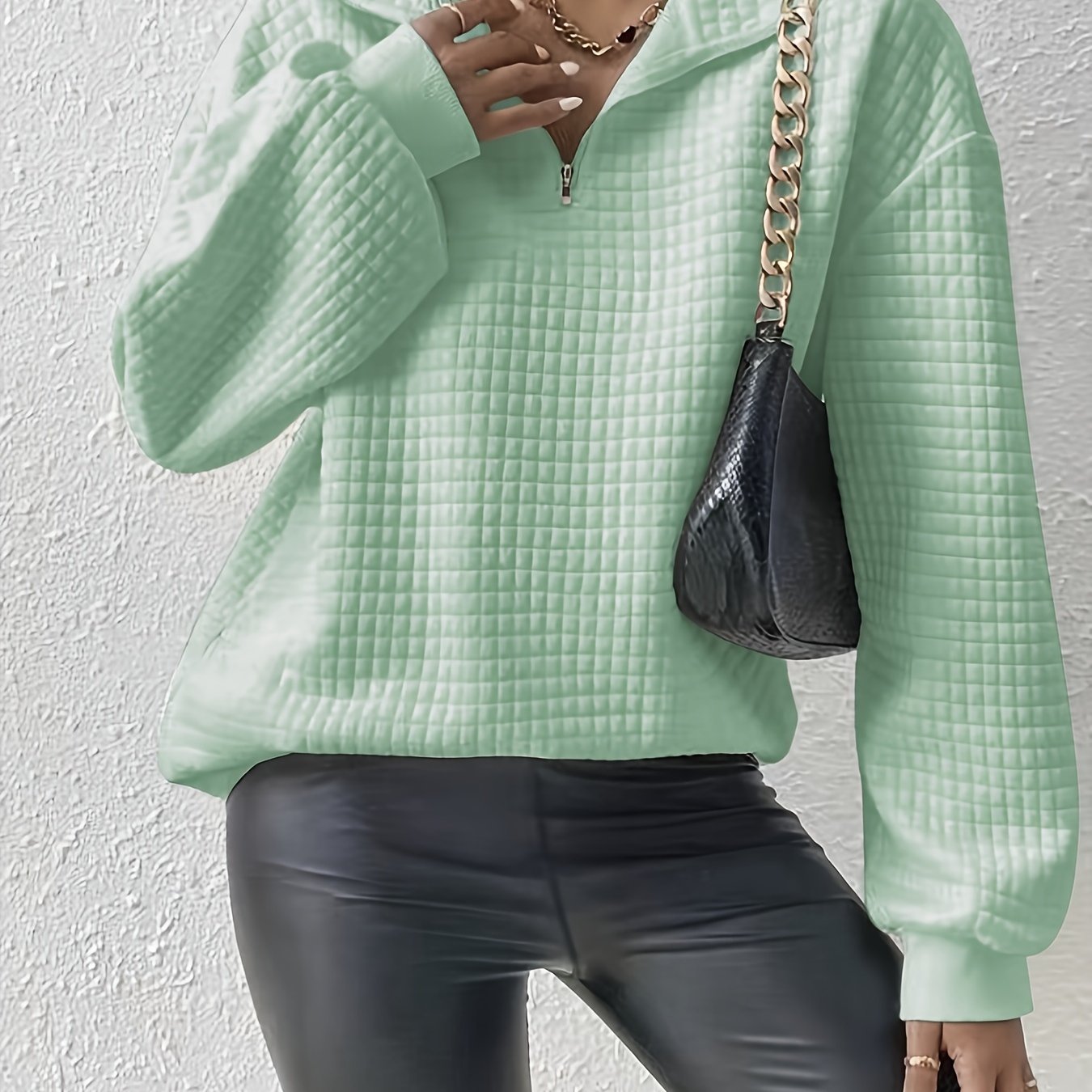 Comfortable and Loose Waffle Solid Standing Neck Zipper Long Sleeve Panel Women's Sweater