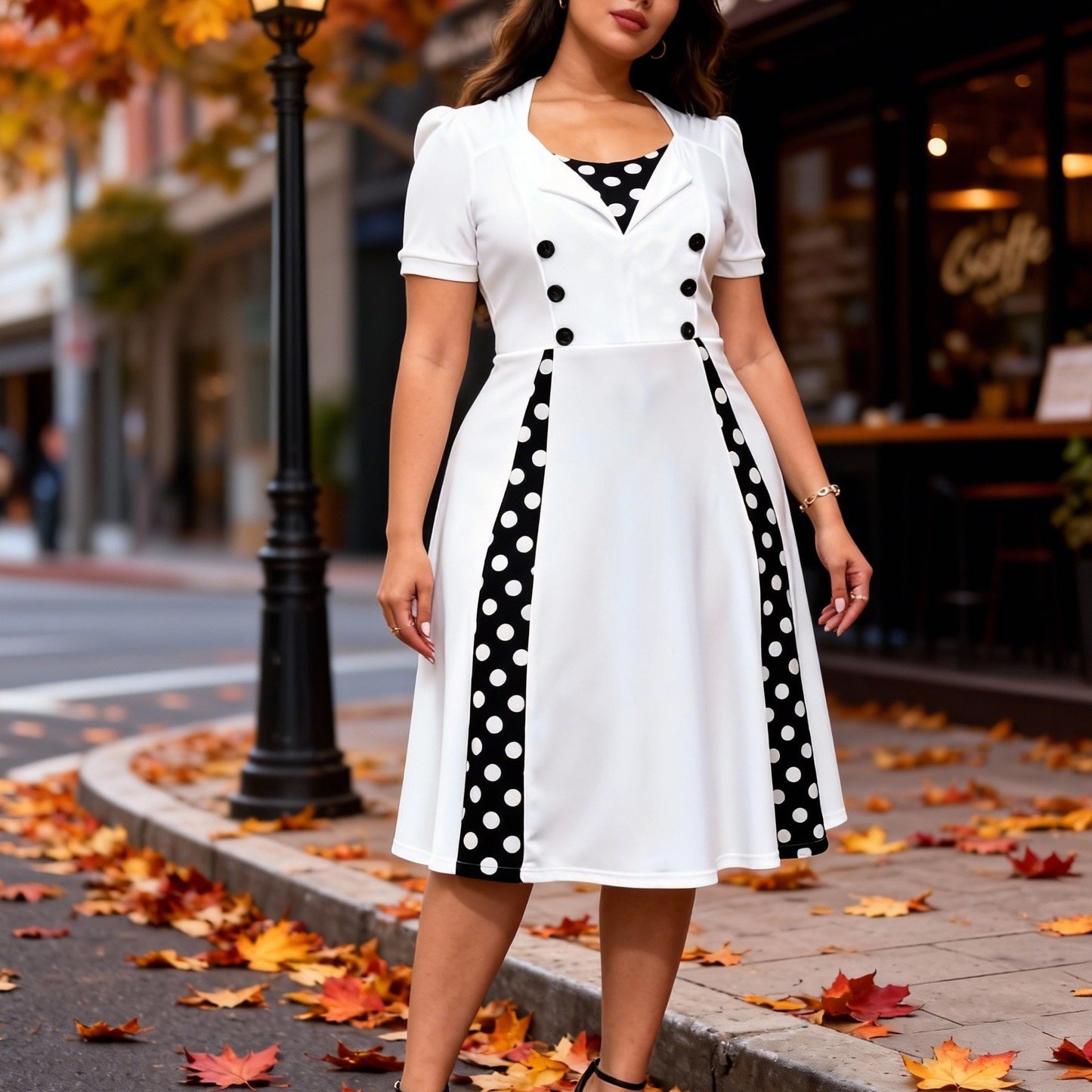 Plus Size, Women's Plus Size Short Sleeve Polka Dot Dress - Elegant Short -Line Dress with Smock Neckline, Short Sleeves & Short, Machine Washable Year-Round Dress for Casual to Semi-Formal Wear