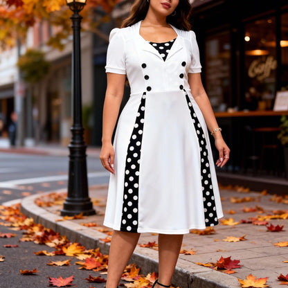 Plus Size, Women's Plus Size Short Sleeve Polka Dot Dress - Elegant Short -Line Dress with Smock Neckline, Short Sleeves & Short, Machine Washable Year-Round Dress for Casual to Semi-Formal Wear