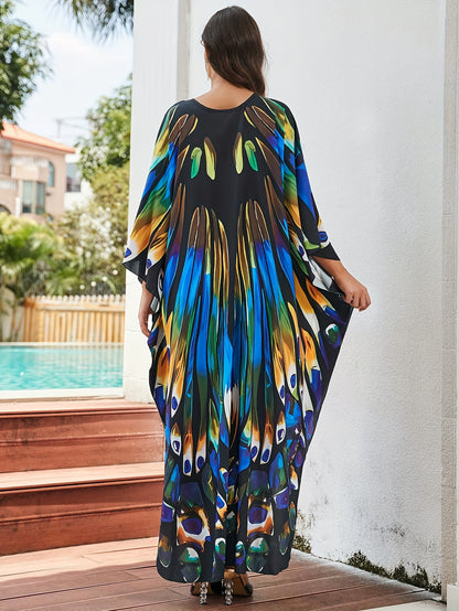 Elegant Multicolor Peacock Print Kaftan Maxi Dress for Women with V Neck Batwing Sleeve Flowing Style