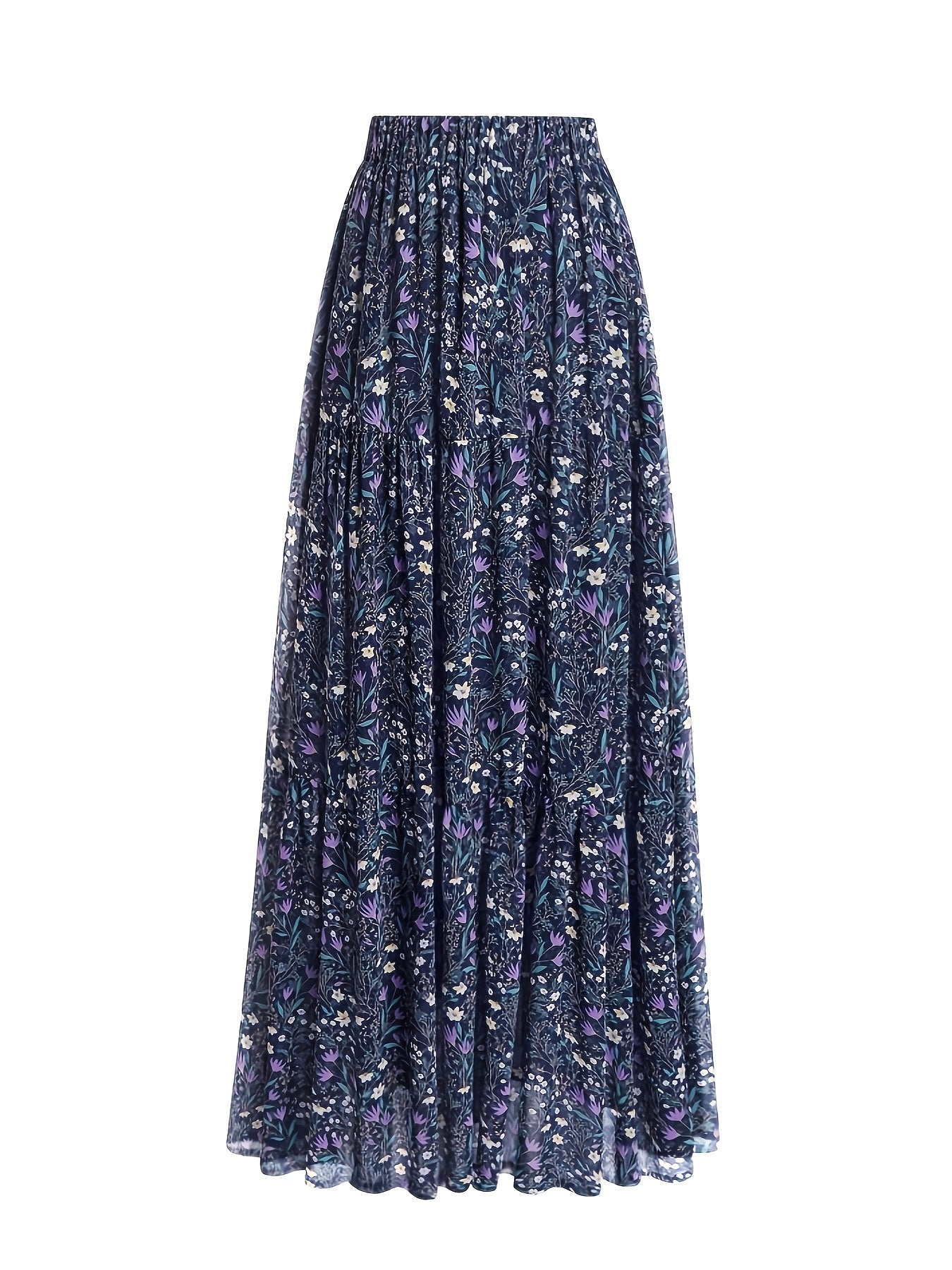 Elegant Blue Floral Maxi Skirt for Women with Smocked Waist Tiered Ruffle Flowing Bohemian Style
