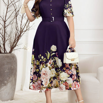 Plus Size, Plus Size Women's Spring/Summer Floral Print Elegant High-Waisted V-Neck Short Sleeve Dress