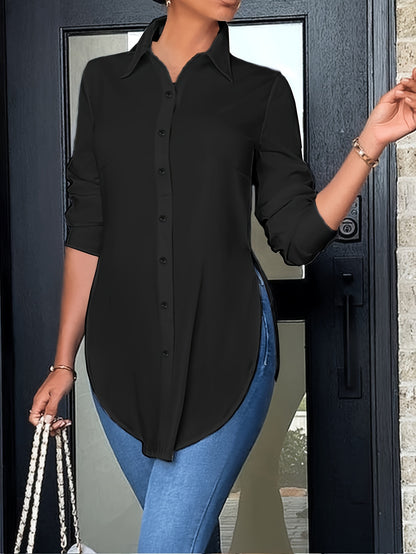 Effortless Tunic Blouse for Women with Collar Long Sleeve Button Front High Low Relaxed Style