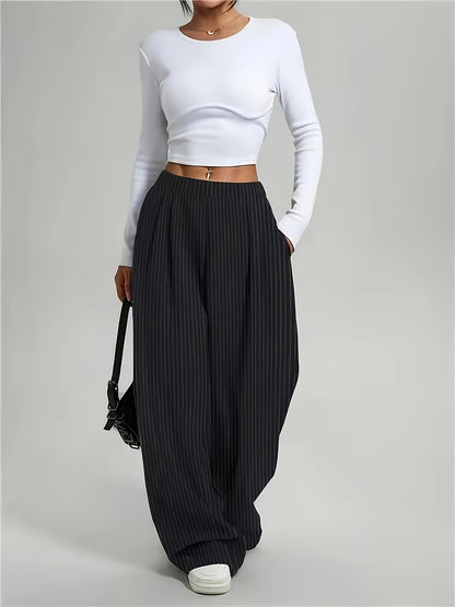 Effortless Black Pinstripe Wide Leg Pants for Women with High Waist Pleated Relaxed Tailored Style