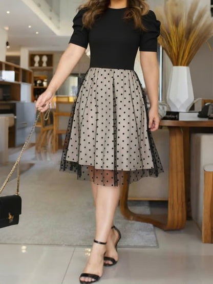 Women's Dress with Color Blocking Round Neck Puff Sleeves and Mesh Paneling Design Elegant and Slim Fit Fashionable and Comfortable Versatile Women's Clothing