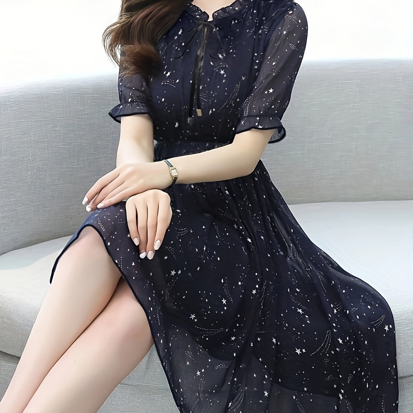 Q8103 Summer Printed Waist-Cinching Short-Sleeve Dress
