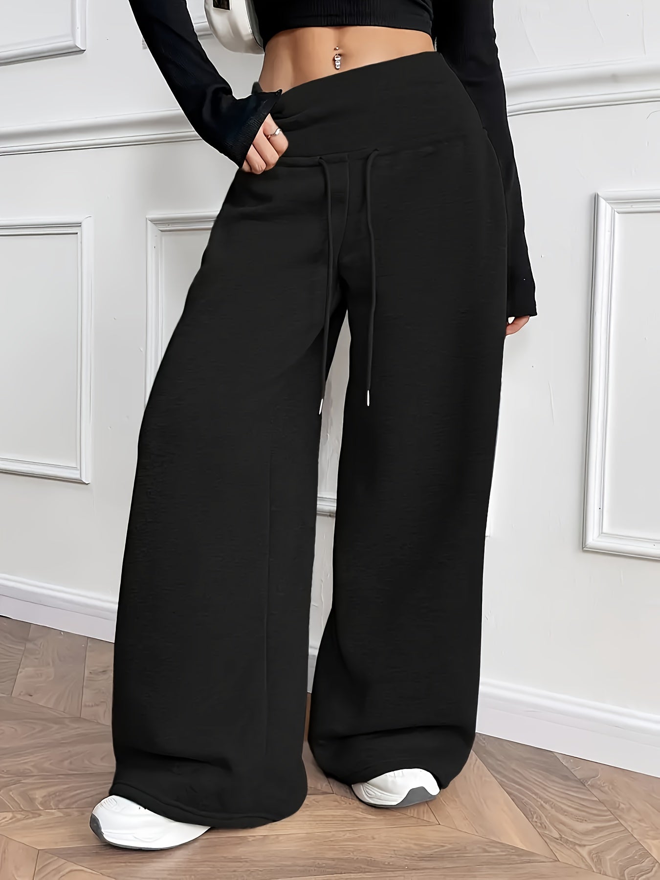 Women'S Fall Winter Solid Color Fleece Wide Leg Pants Elastic Drawstring Loose Trousers