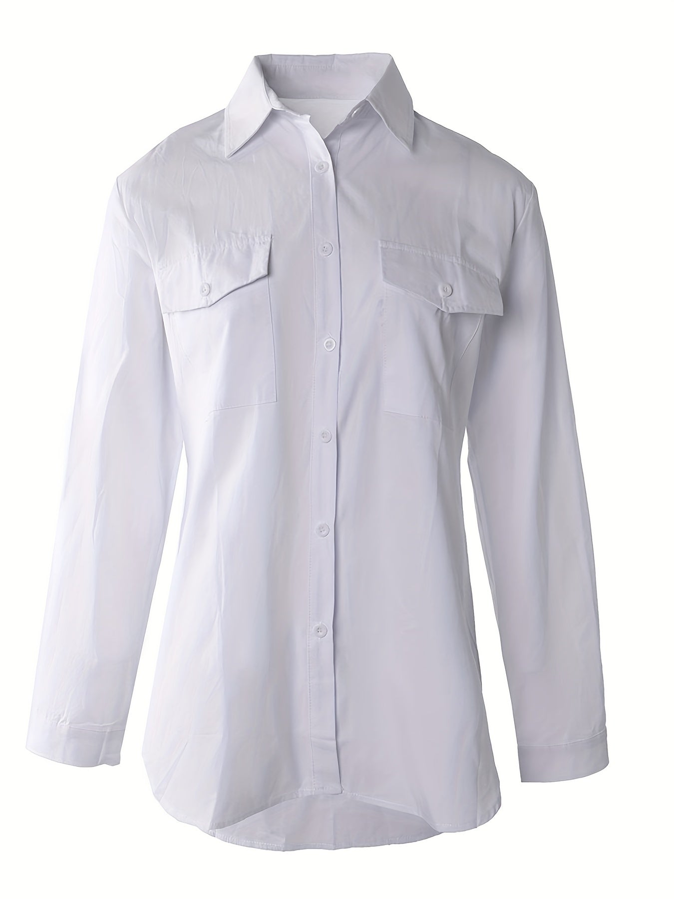 Effortless Utility Pocket Blouse for Women with Collar Long Sleeve Relaxed Curved Hem Style
