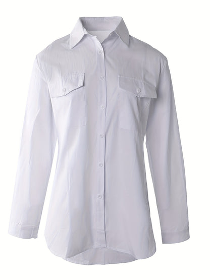 Effortless Utility Pocket Blouse for Women with Collar Long Sleeve Relaxed Curved Hem Style