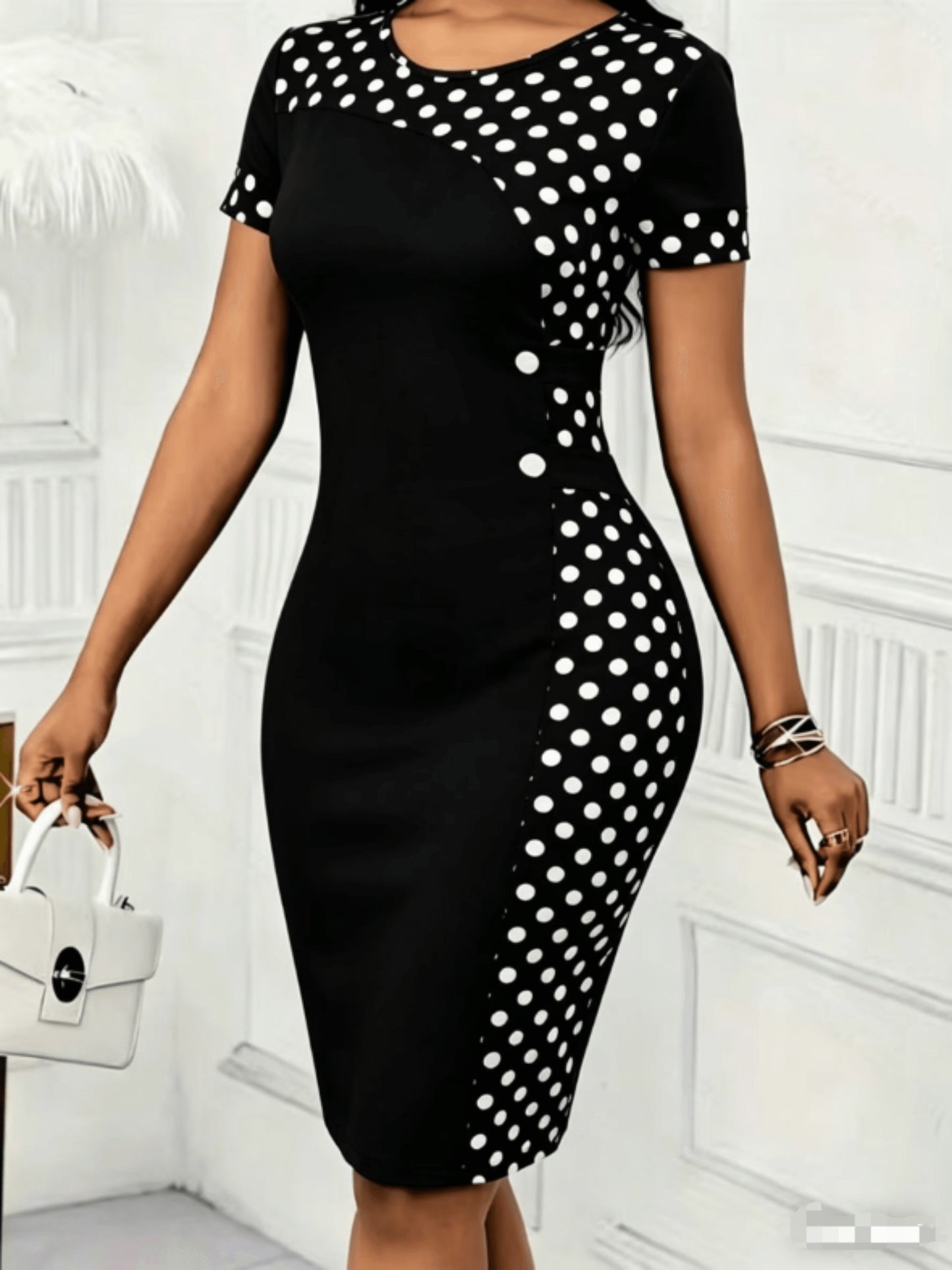 Elegant Polka Dot Midi Dress for Women with Round Neck Short Sleeve Bodycon Button Detail Cocktail Style