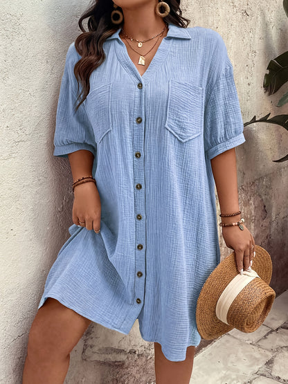 Effortless Textured Cotton Shirt Dress for Women with Collared V Neck Half Sleeve Button Front Relaxed Casual Style