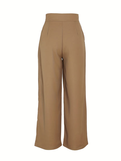 Elegant Khaki Wide Leg Pants for Women with High Waist Pleated Button Front Tailored Style