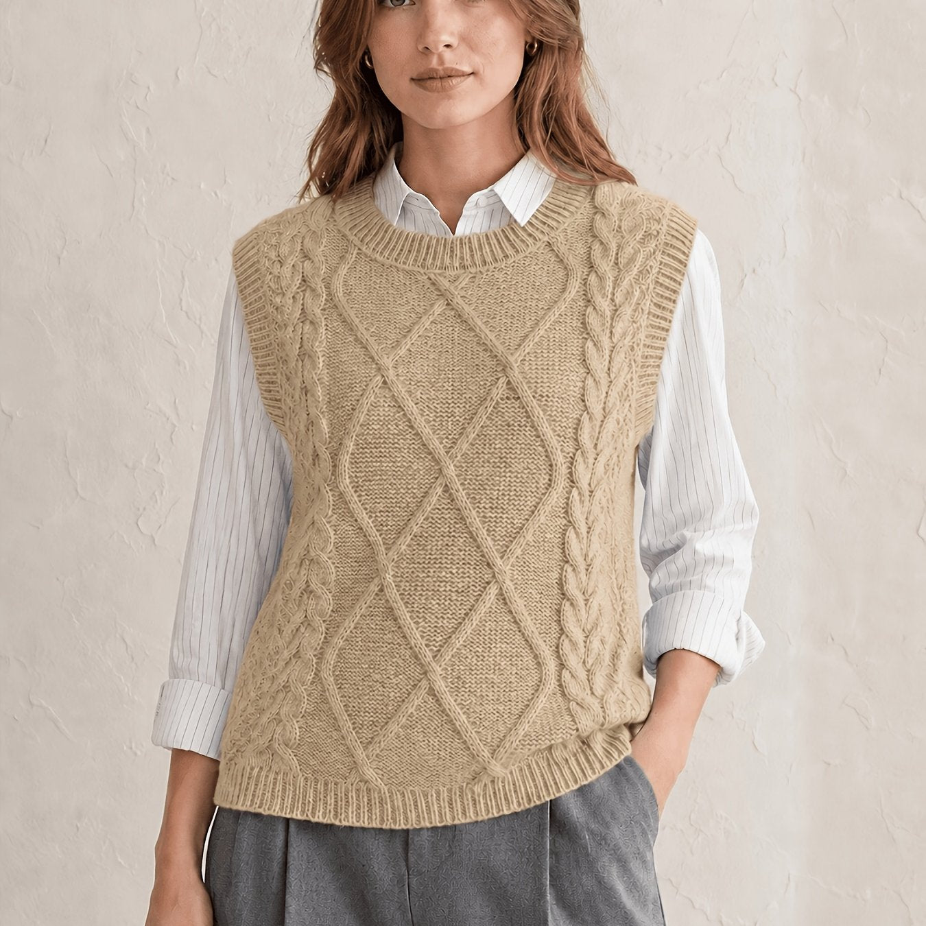 Comfortable Cable Knit Sweater Vest for Women with Crew Neck Sleeveless Relaxed Preppy Style