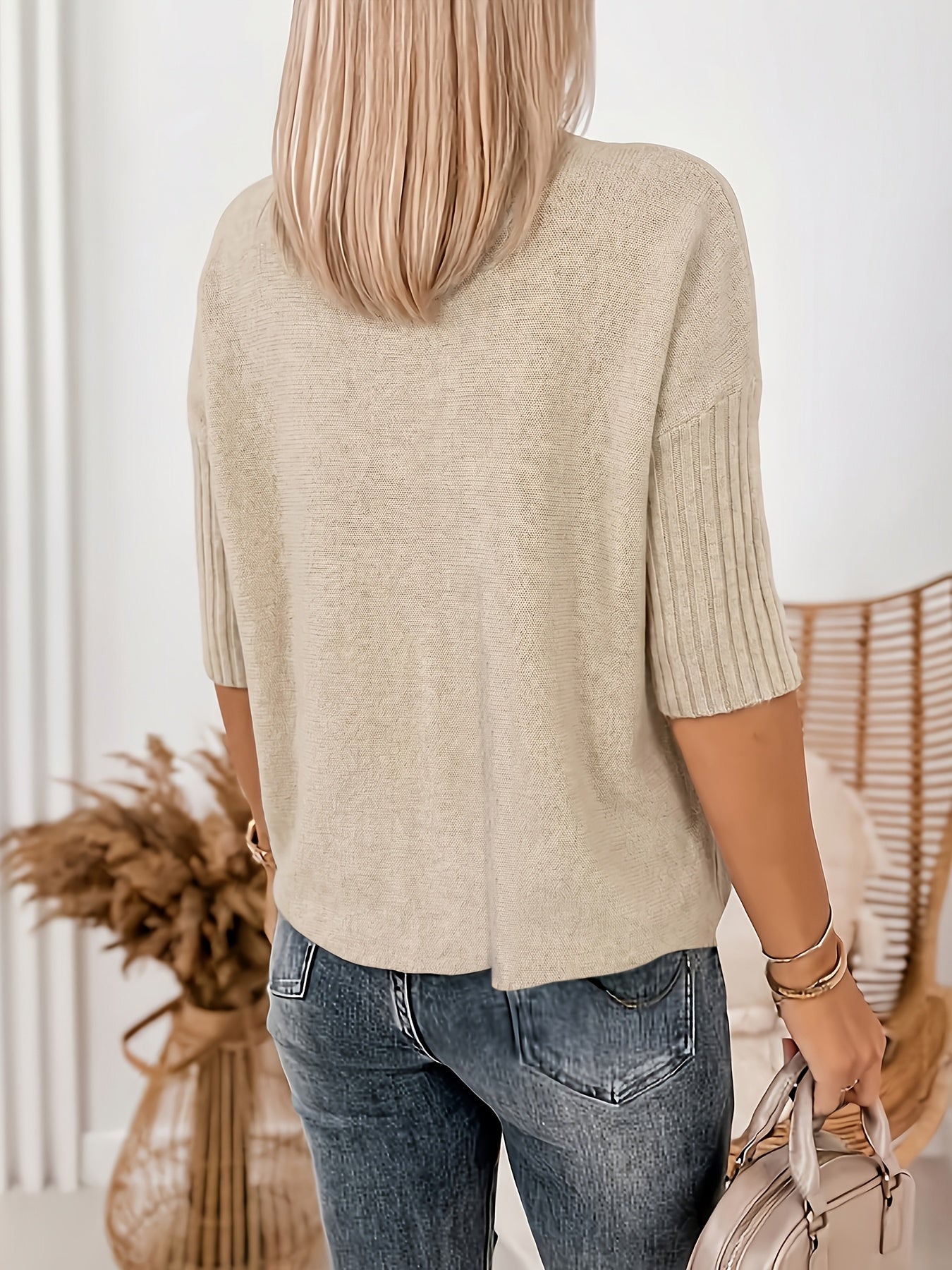 Comfortable Ribbed Sweater for Women with High Neck Elbow Sleeve Relaxed Oversized Knit Style