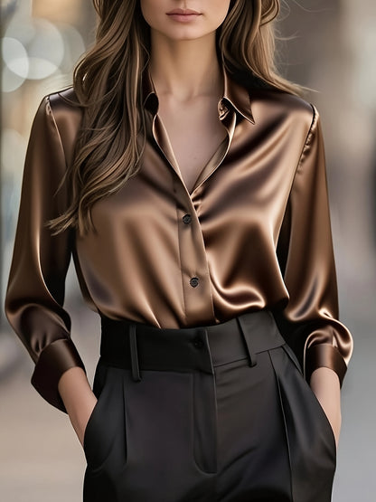 Elegant Satin Blouse for Women with Collar Long Sleeve Button Front Relaxed Silky Style