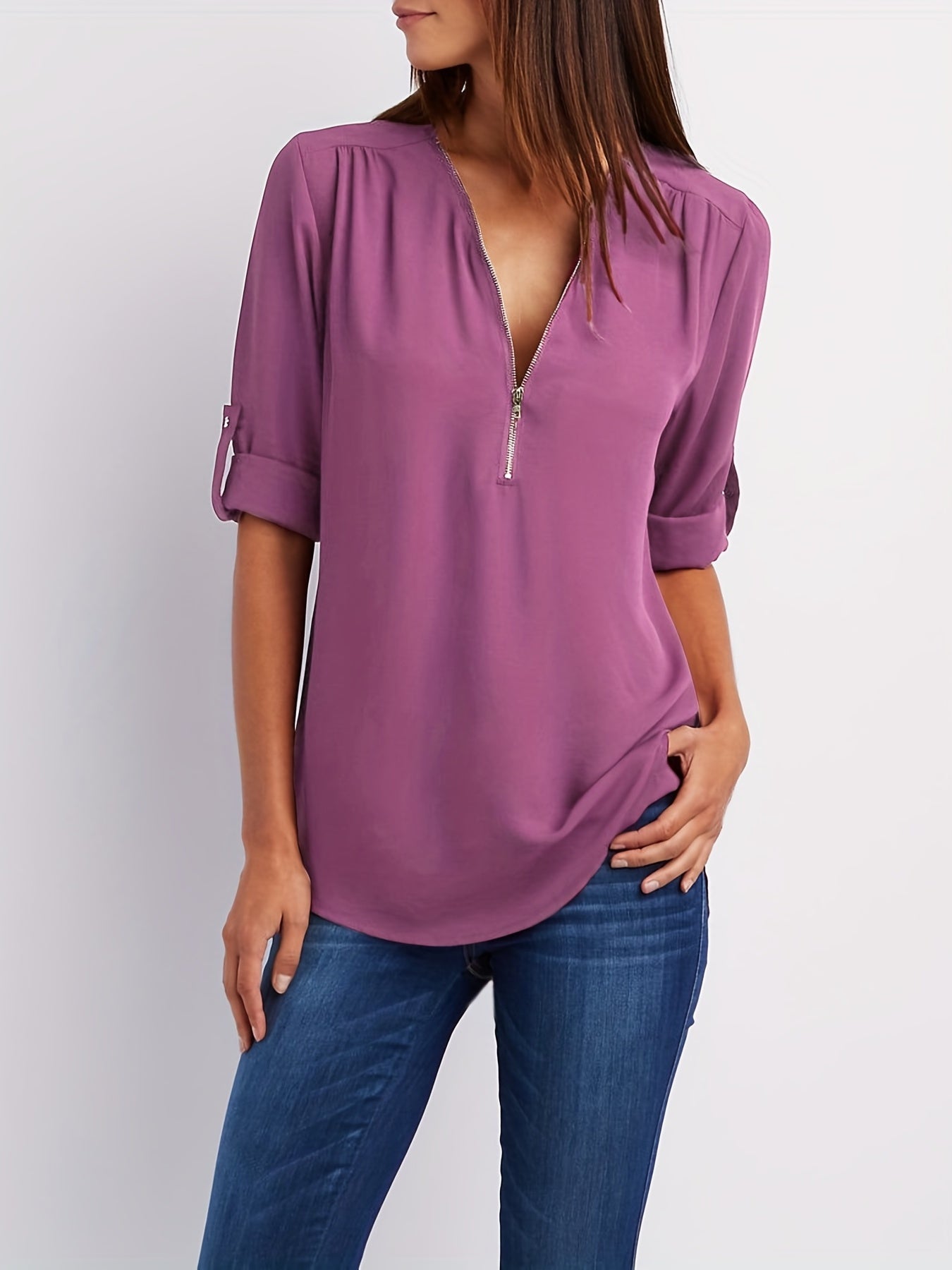 Effortless Zip Front Blouse for Women with V Neck Roll Tab Sleeve Relaxed Tunic Style