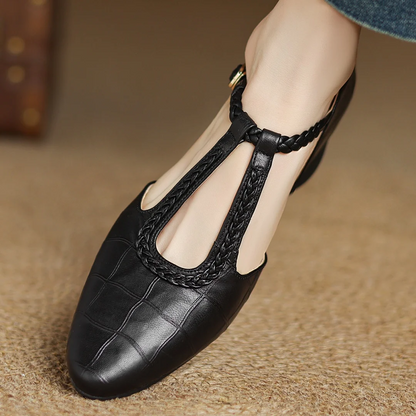 Elegant Croc Embossed Leather T-Strap Flats for Women with Pointed Toe Braided Strap Block Heel Style