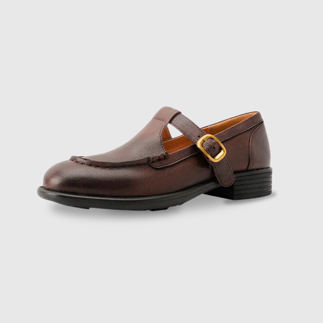 Elegant Leather Mary Jane Flats for Women with Round Toe T Strap Buckle Vintage Style