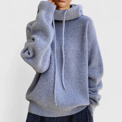 Comfortable Knit Hooded Sweater for Women with Cowl Neck Long Sleeve Drawstring Oversized Style