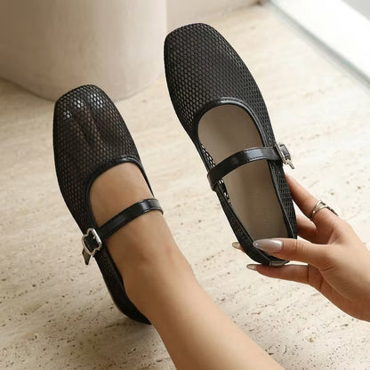 Comfortable Mary Jane Shoes for Women with Mesh Woven Buckle Strap Flat Style