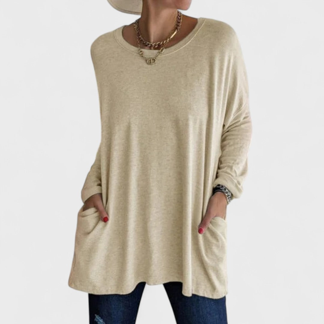 Effortless Oversized Tunic for Women with Crew Neck Long Sleeve Side Pocket Relaxed Style