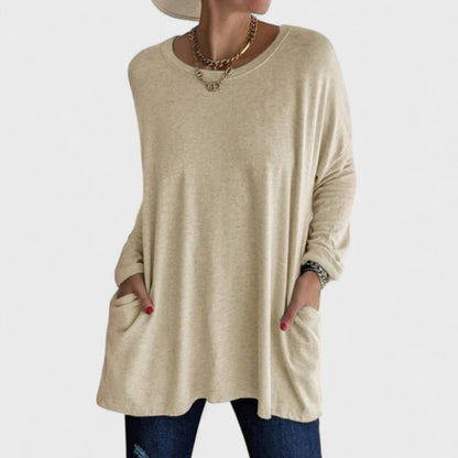 Effortless Oversized Tunic for Women with Crew Neck Long Sleeve Side Pocket Relaxed Style