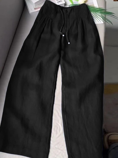 Effortless Linen Wide Leg Pants for Women with High Waist Drawstring Smocked Relaxed Casual Style