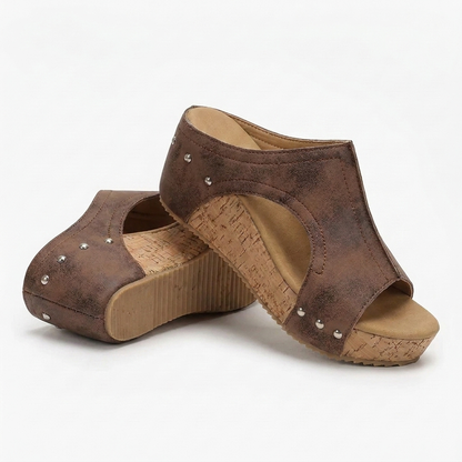 Comfortable Wedge Sandals for Women with Studded T Strap Cork Platform Peep Toe Slide Style