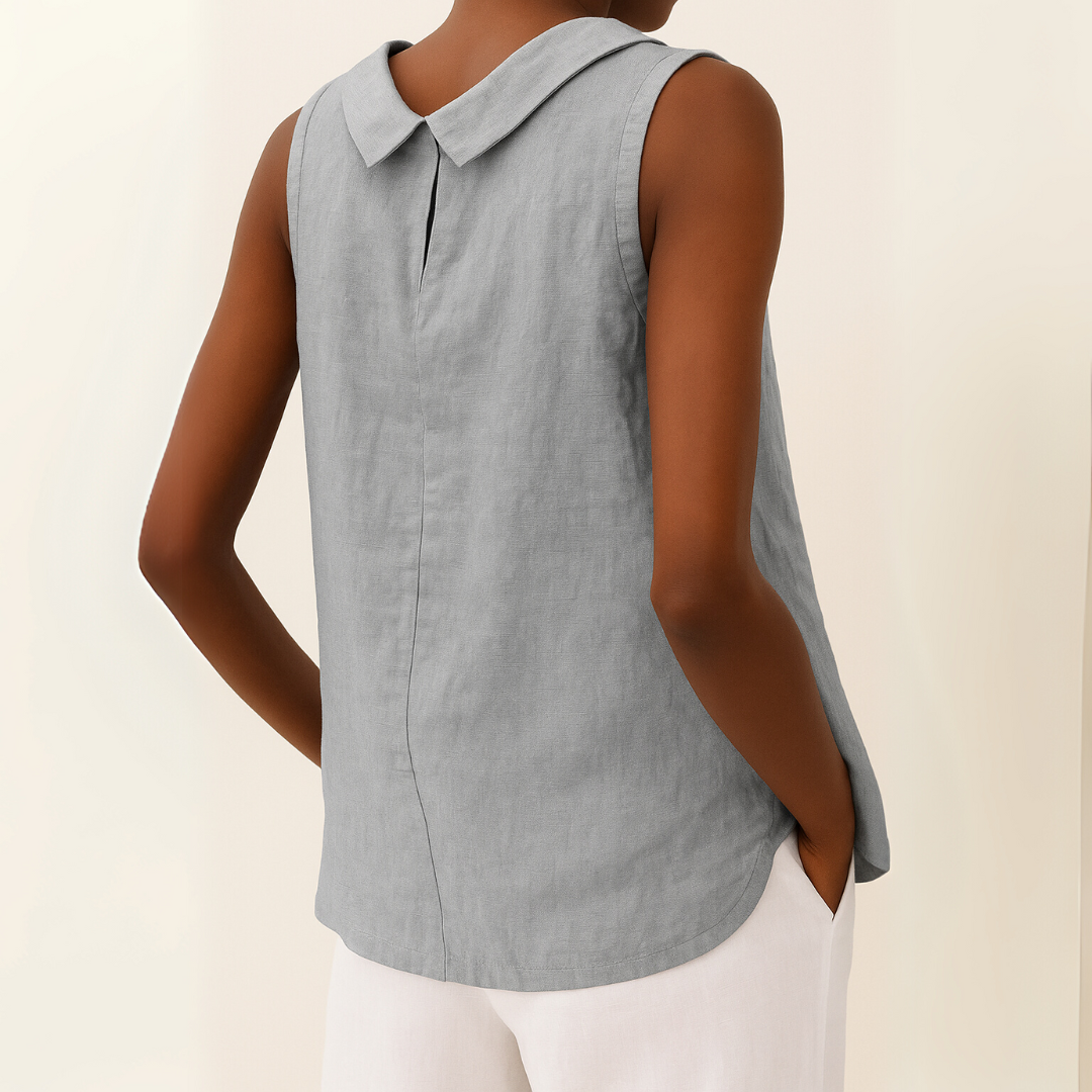 Effortless Linen Blouse for Women with Draped Collar Sleeveless Curved Hem Casual Style