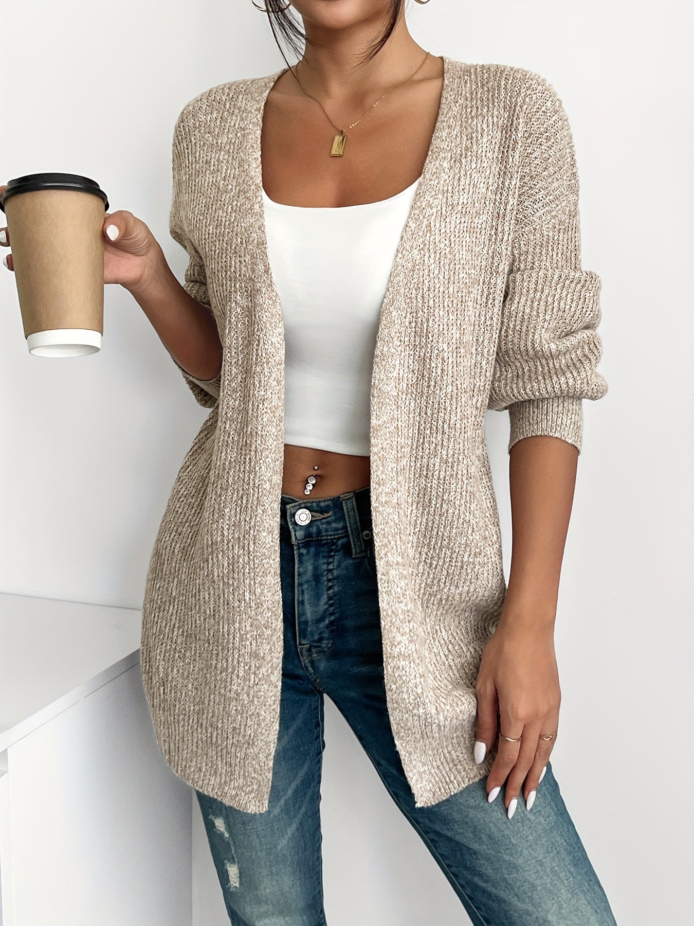Comfortable Light Yellow Cardigan Sweater for Women with Open Front Balloon Sleeve Oversized Knit Style