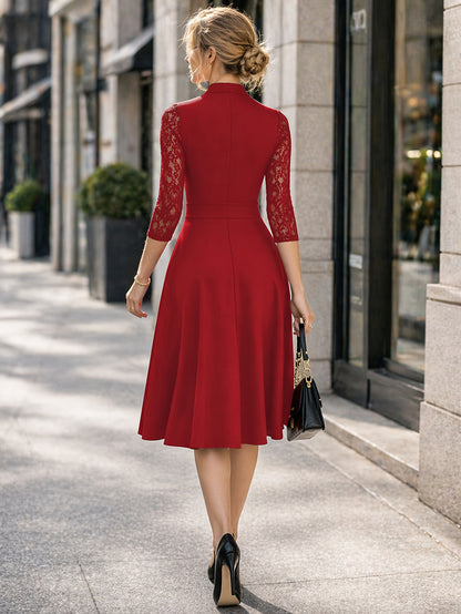 Elegant Lace Trim Midi Dress for Women with Notch Neck Three Quarter Sleeve Fit and Flare Cocktail Style