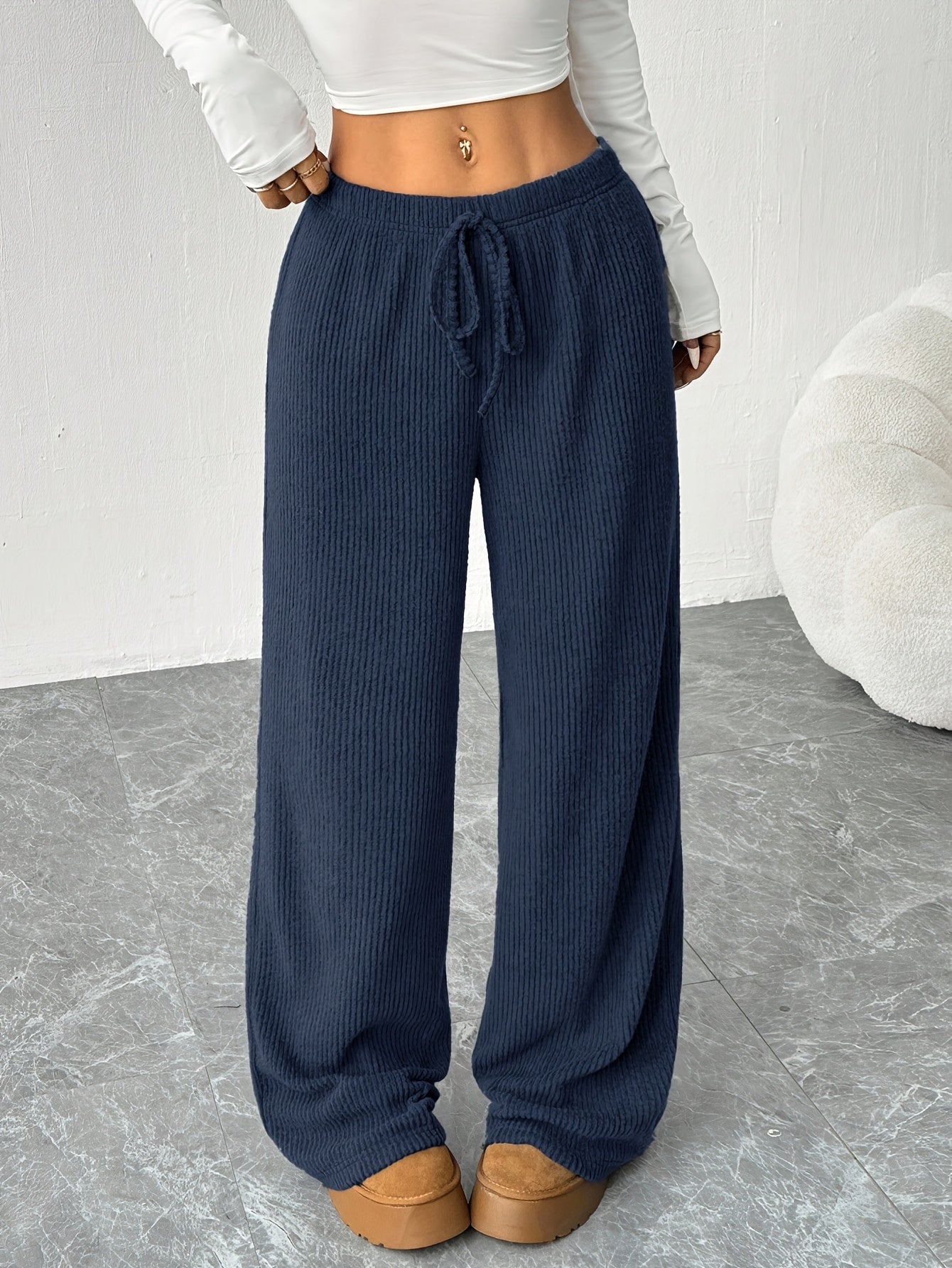 Effortless Ribbed Knit Wide Leg Pants for Women with High Waist Drawstring Relaxed Casual Style