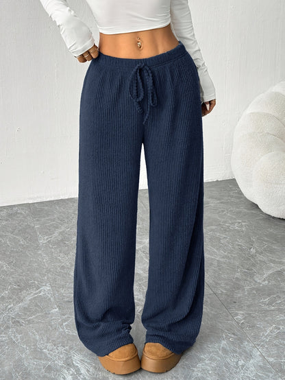 Effortless Ribbed Knit Wide Leg Pants for Women with High Waist Drawstring Relaxed Casual Style