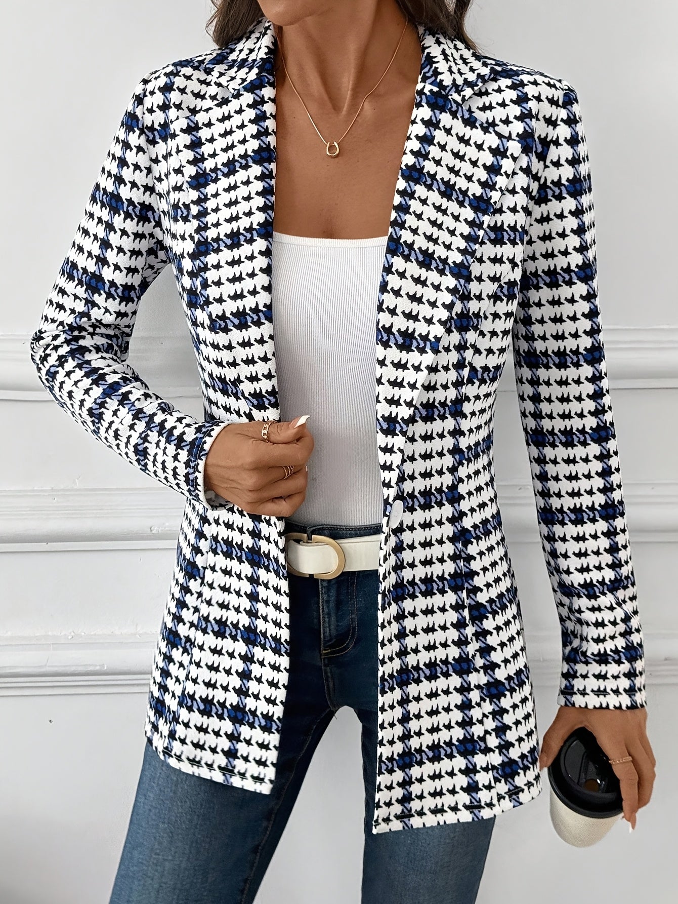 Elegant Plaid Blazer for Women, Versatile Everyday Long-Sleeve Blazer, Classic Plaid Commuter Blazer, Autumn Women's Blazer, Plaid Blazer, Houndstooth Blazer