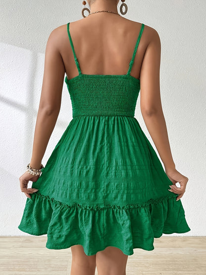 Effortless Smocked Mini Dress for Women with Square Neck Spaghetti Strap Tiered Ruffle Bohemian Style