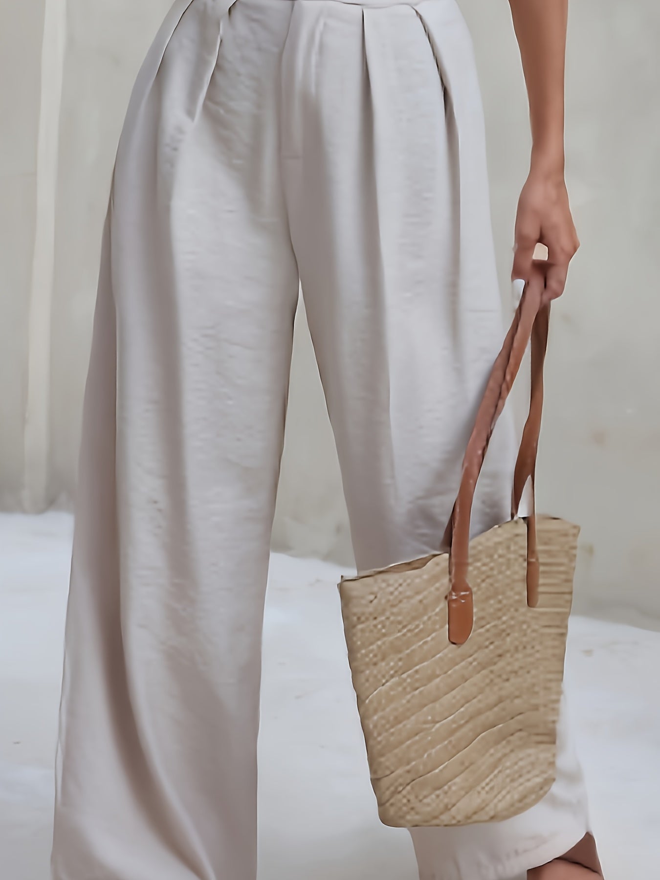Elegant Khaki Wide Leg Pants for Women with High Waist Pleated Button Front Tailored Style