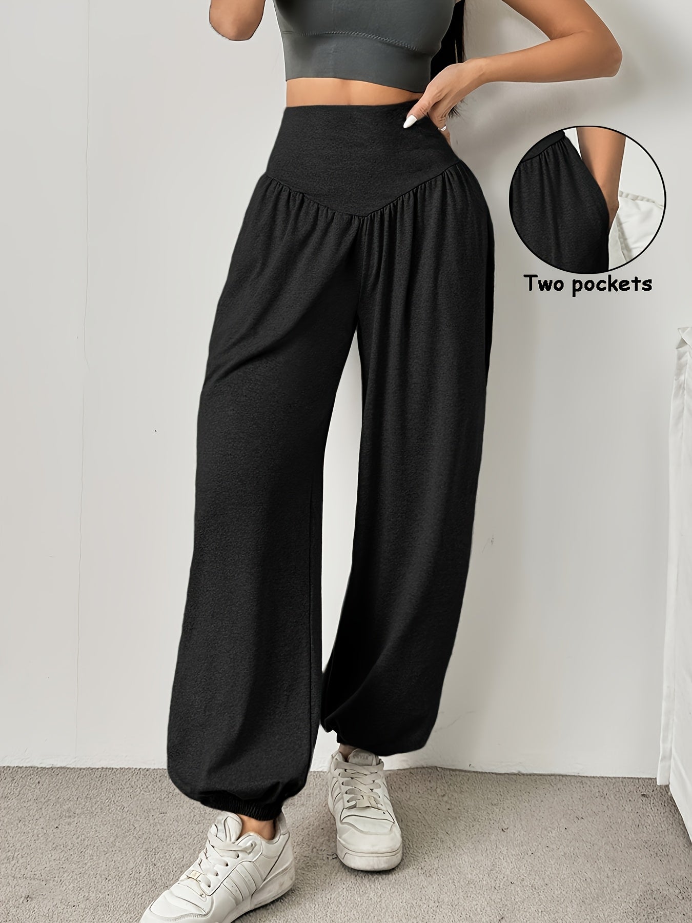 1pc Women'S High-Waist Comfortable Running Pants - Stretchy Soft Wide-Leg Casual Trousers, Suitable for Running And Fitness, Solid Color, All-Season