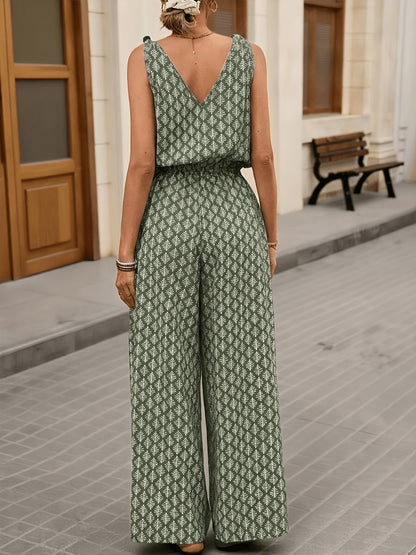 Women's Casual Wide-Leg Jumpsuit, Printed Sleeveless V-Neck Long Jumpsuit with Pockets and Buttons, Summer Jumpsuit, Women's Casual Jumpsuit, Sleeveless Jumpsuit, Women's Jumpsuit, Green, Apricot, Women's Jumpsuit